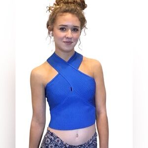 Day + Moon Blue Ribbed Crossover Halter Knit Top Size Medium Cutout Crop